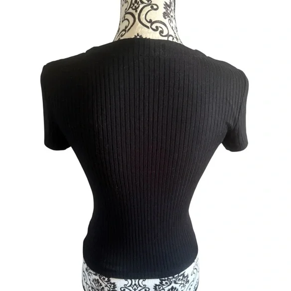 REFORMATION Black Ribbed V-Neck Button Down Top - Picture 3 of 5